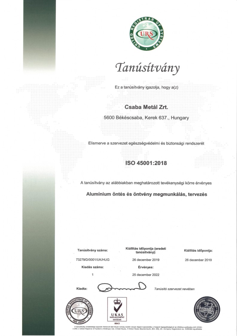 Csaba Metal Zrt. ISO 45001 HUN tanstvny-1